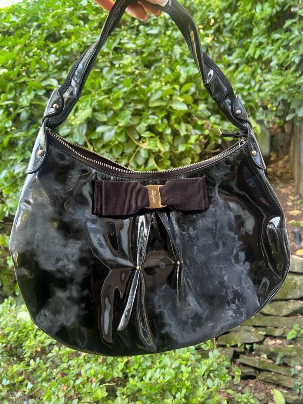 Ferragamo Black Patent Bow-Detail Shoulder Bag- Flawed/Restoration piece